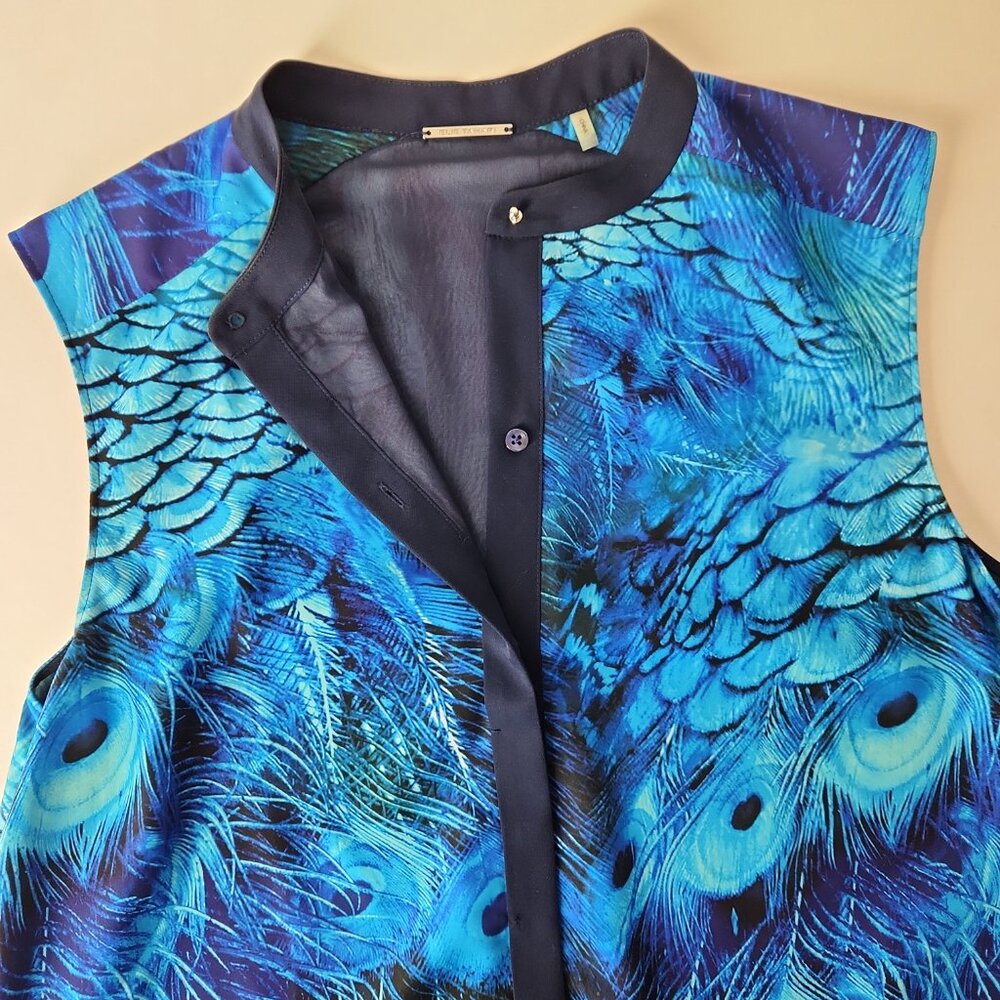 Elie Tahari vibrant blue peacock feather print top lightweight dual-layer S - Picture 4 of 12